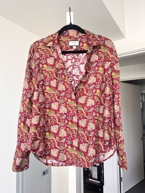 SOLD J.Crew Collection 100% Silk Red & Jungle Print Button Down Blouse- Size 10